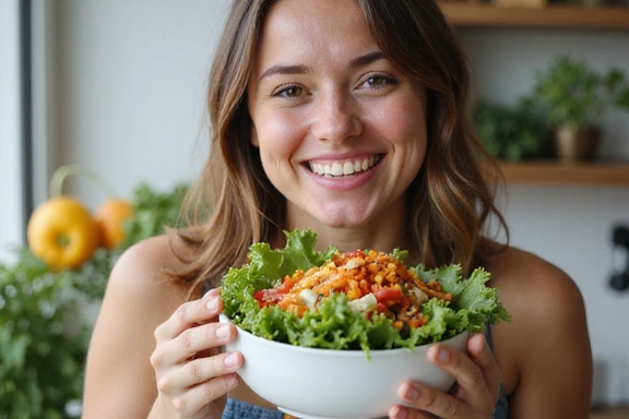 Persona che mangia un'insalata fresca e colorata con un sorriso