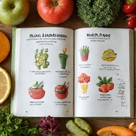 Libro aperto con disegni di cibo sano e frutti