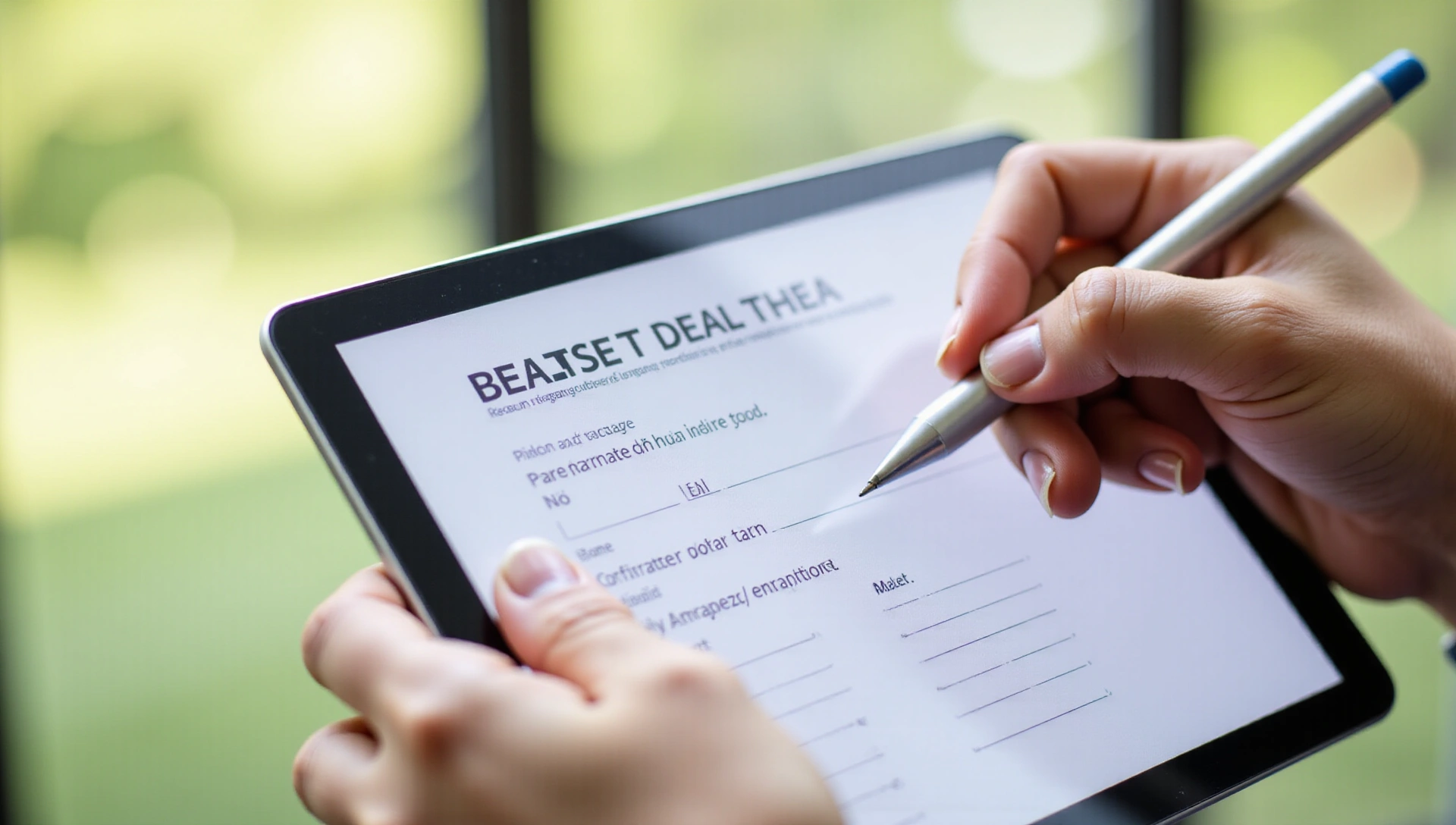 Persona che compila un modulo su un tablet con uno sfondo sereno e salutare.