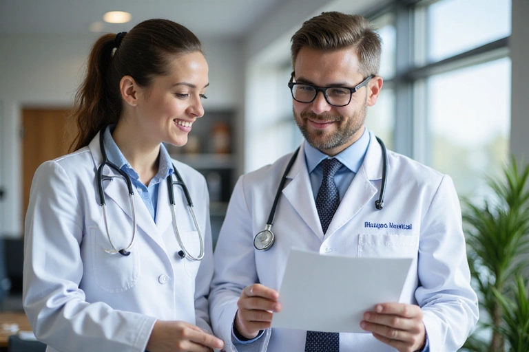 Un medico e un nutrizionista che collaborano, esaminando insieme dei documenti medici, in un ambiente medico professionale, a significare un approccio integrato alla cura del paziente.