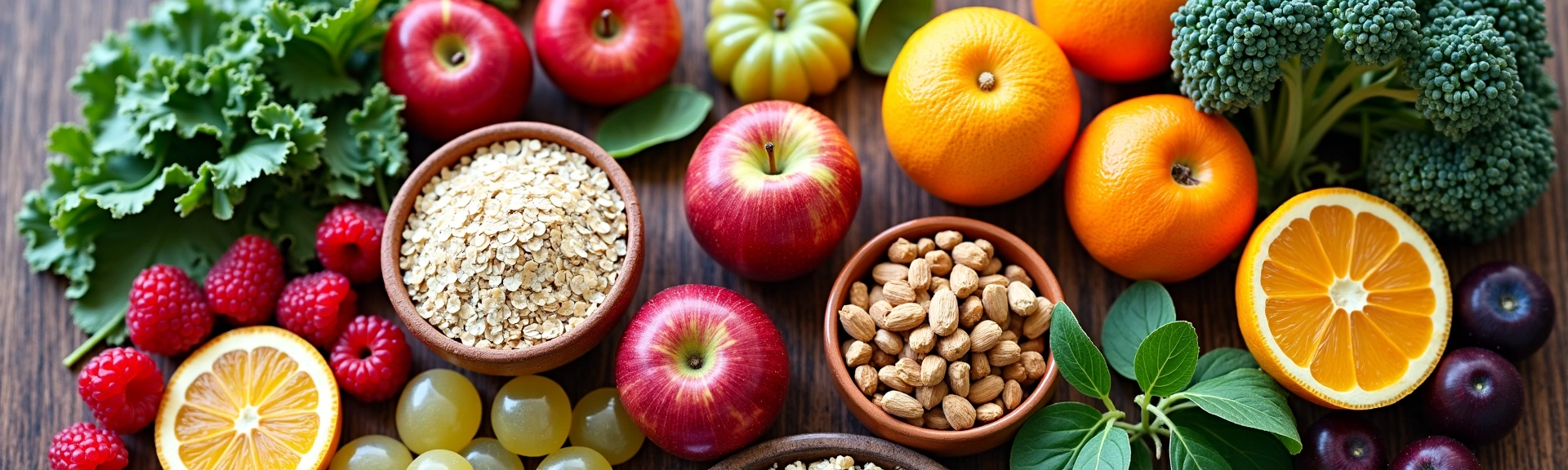 Una varietà di alimenti freschi e sani disposti artisticamente su un tavolo di legno, tra cui frutta colorata, verdure a foglia verde, cereali integrali e noci, che simboleggiano un approccio nutrizionale diversificato e personalizzato.