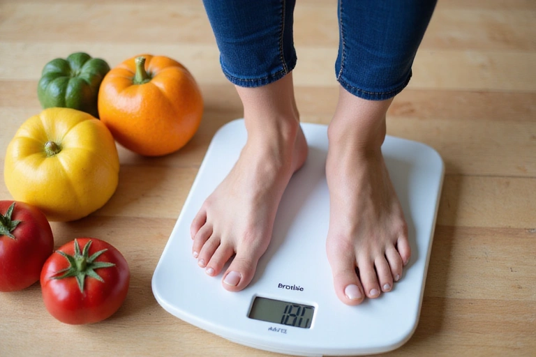 Una persona che si pesa su una bilancia, sorridente e fiduciosa, con un'immagine sfocata di frutta e verdura sullo sfondo, a simboleggiare un raggiungimento positivo degli obiettivi di gestione del peso.