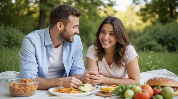 Coppia che fa un picnic sano all'aperto